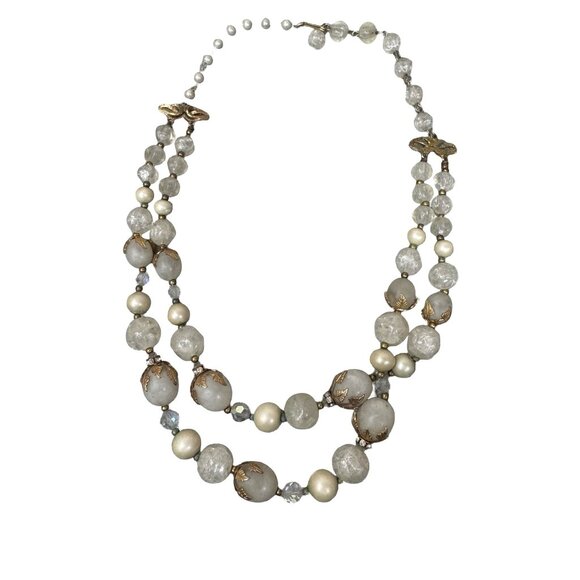 Vintage Deauville Double Strand Necklace Faceted Clear Crackle Glass Faux Pearls - Picture 3 of 9